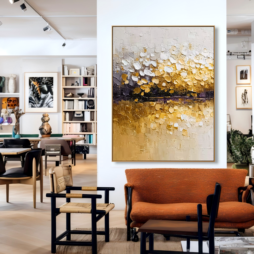 Golden Horizon - Hand-Drawn Vertical 3D Thick-Painted Abstract Wall Art#AB14290