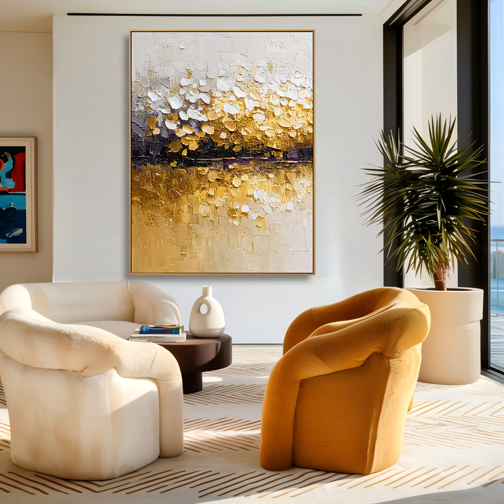 Golden Horizon - Hand-Drawn Vertical 3D Thick-Painted Abstract Wall Art#AB14290