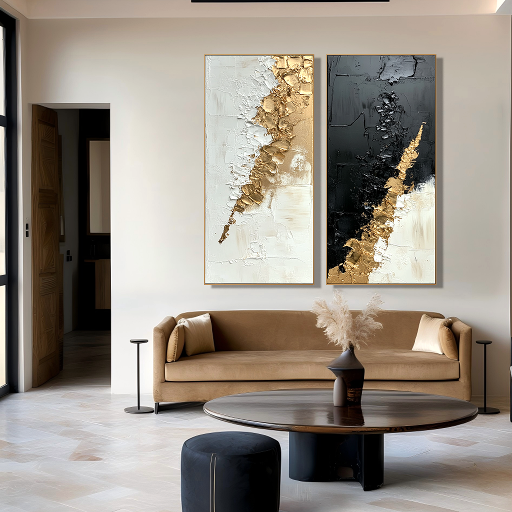 Gilded Divide – Hand-Painted Textured Abstract Diptych Set of 2#AB14206