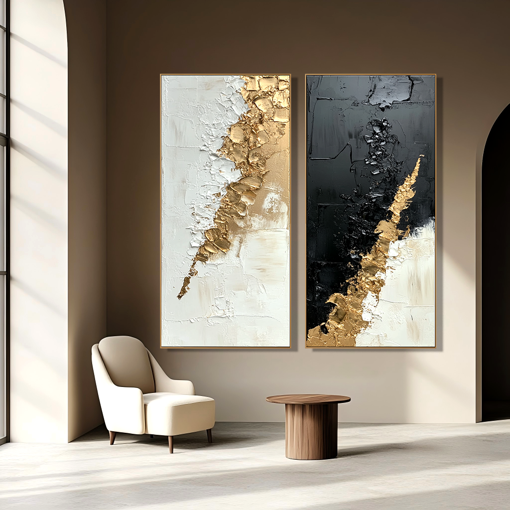 Gilded Divide – Hand-Painted Textured Abstract Diptych Set of 2#AB14206