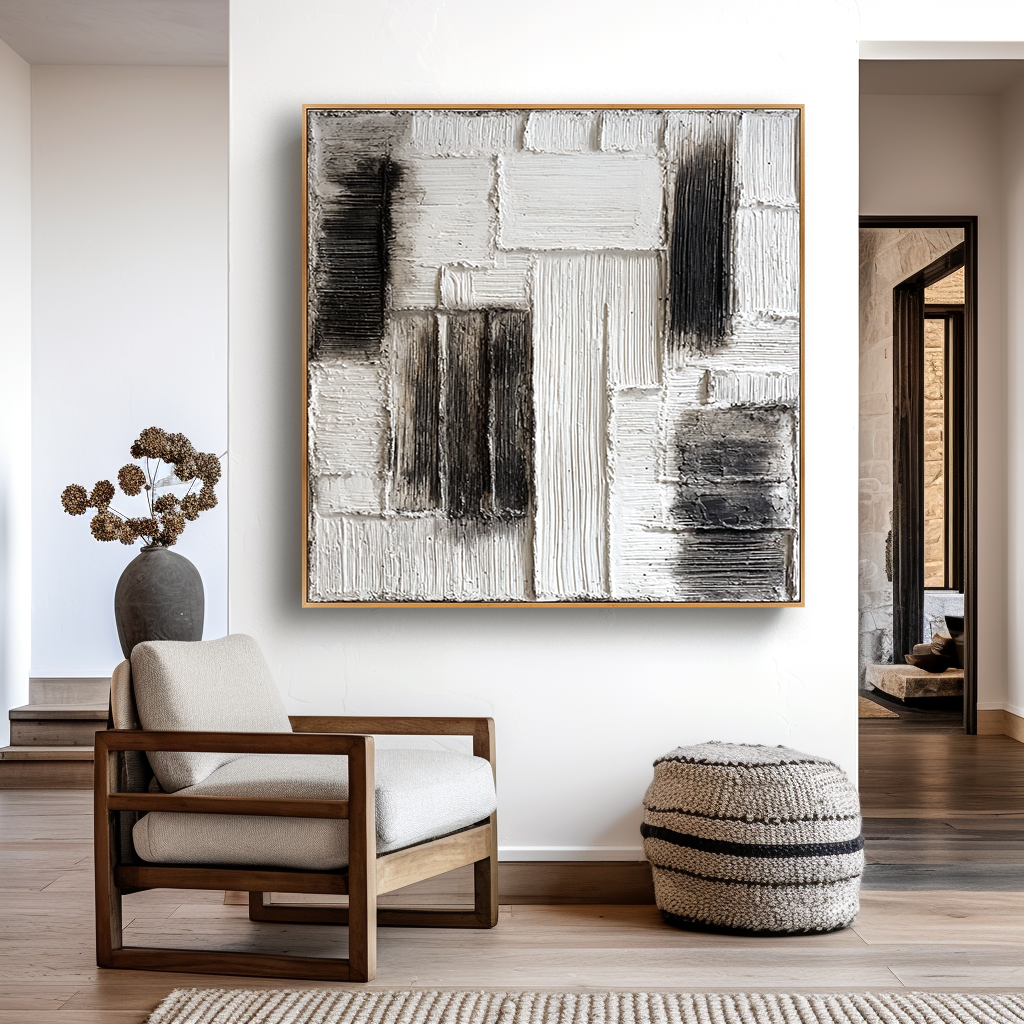 Layered Interval – Hand-Painted Black & White Textured Abstract Wall Art#AB14182