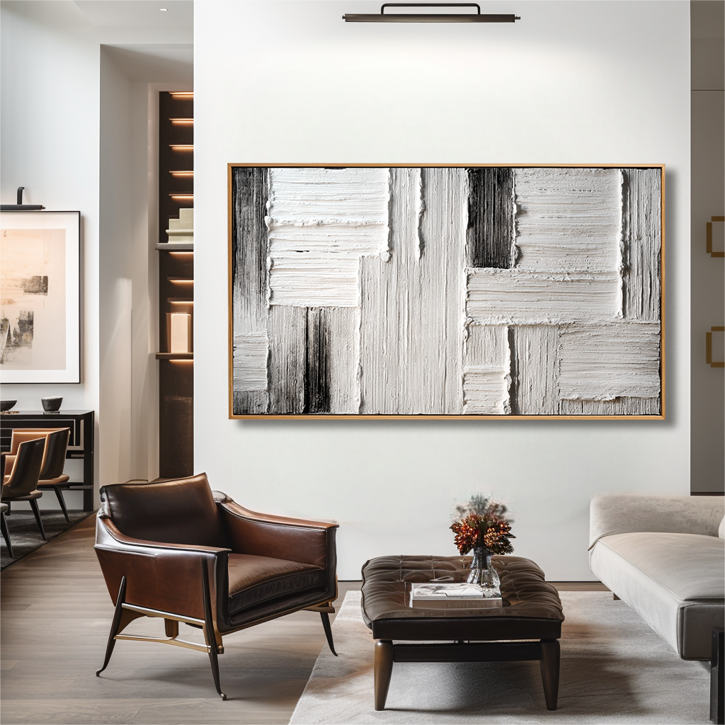 Measured Silence - Minimal White & Gray Textured Abstract Canvas#AB14292