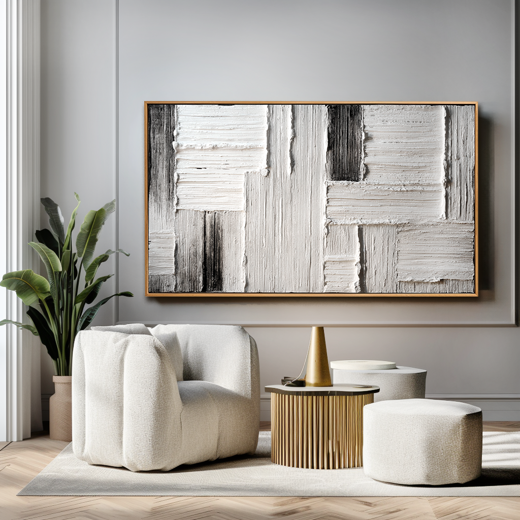 Measured Silence - Minimal White & Gray Textured Abstract Canvas#AB14292