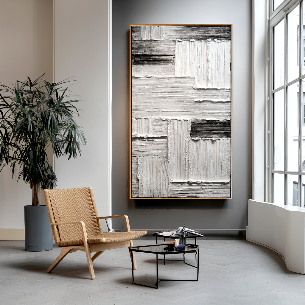 Measured Silence - Minimal White & Gray Textured Abstract Canvas#AB14292